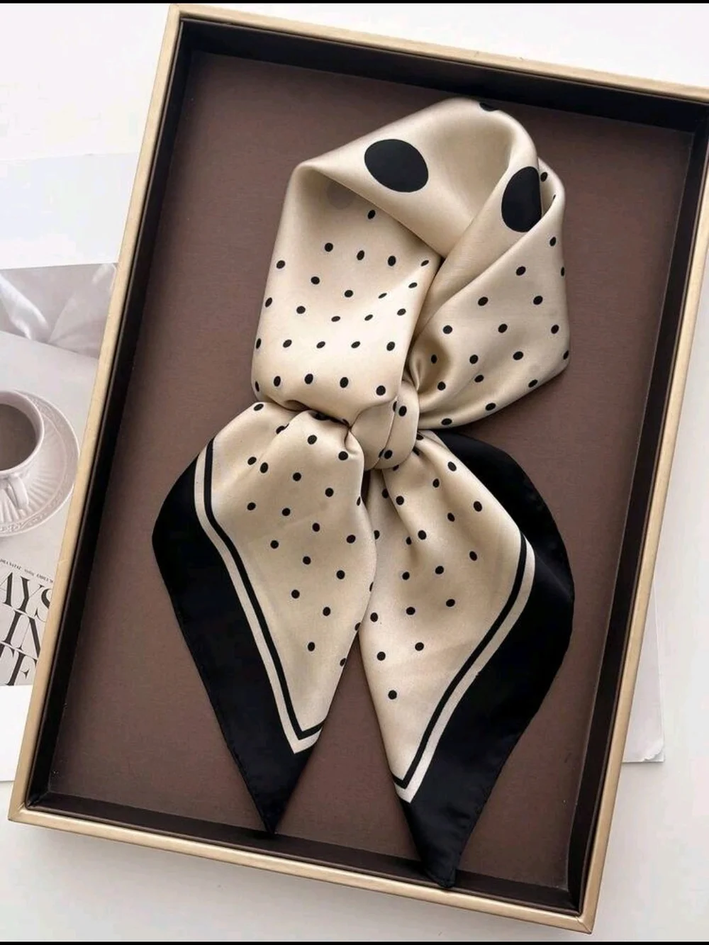 Elegant Black and Cream Polka Dot Silk Scarf 27.6